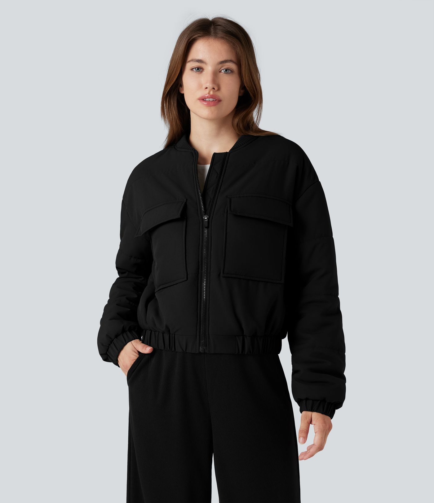 Full Zip Casual Bomber Padded Jacket with Pockets