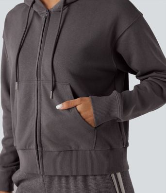 Hooded Zip Fly Relaxed Casual Cotton Sweatshirt with Pockets