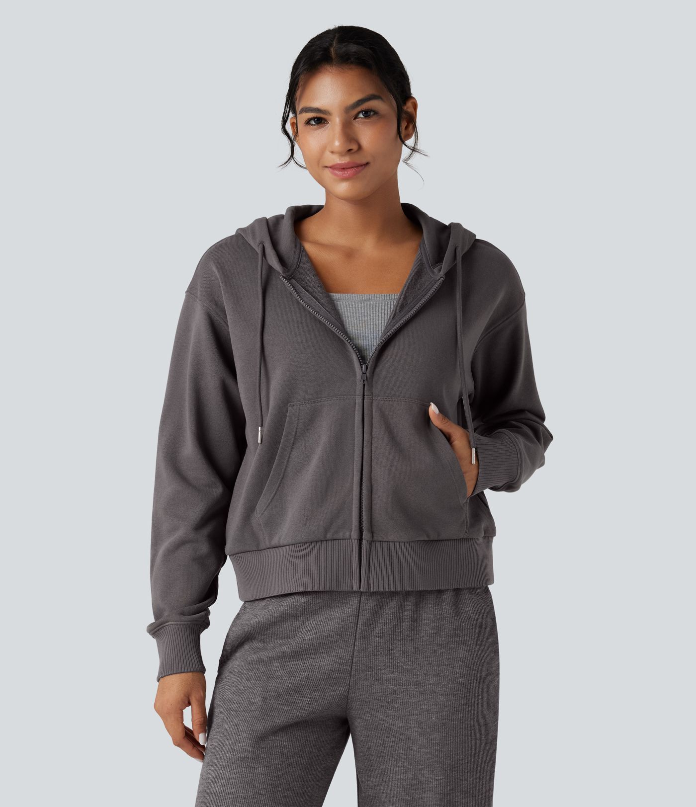 Hooded Zip Fly Relaxed Casual Cotton Sweatshirt with Pockets