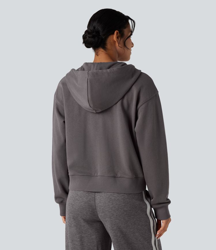 Hooded Zip Fly Relaxed Casual Cotton Sweatshirt with Pockets