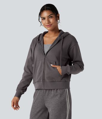 Hooded Zip Fly Relaxed Casual Cotton Sweatshirt with Pockets