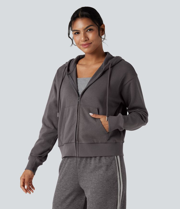 Hooded Zip Fly Relaxed Casual Cotton Sweatshirt with Pockets