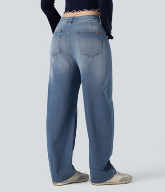 Jean Barrel Halara Flex™ asymétrique délavé taille mi-haute avec poches