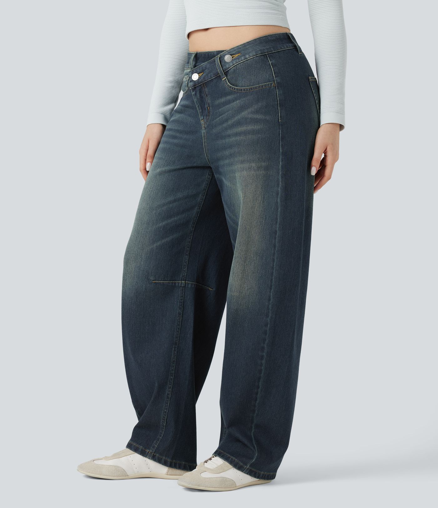 Halara Flex™ Asymmetric Mid Rise Barrel Leg Washed Casual Jeans with Pockets