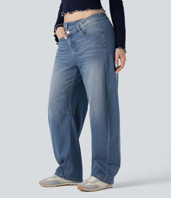 Jean Barrel Halara Flex™ asymétrique délavé taille mi-haute avec poches
