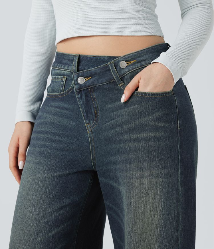 Halara Flex™ Asymmetric Mid Rise Barrel Leg Washed Casual Jeans with Pockets