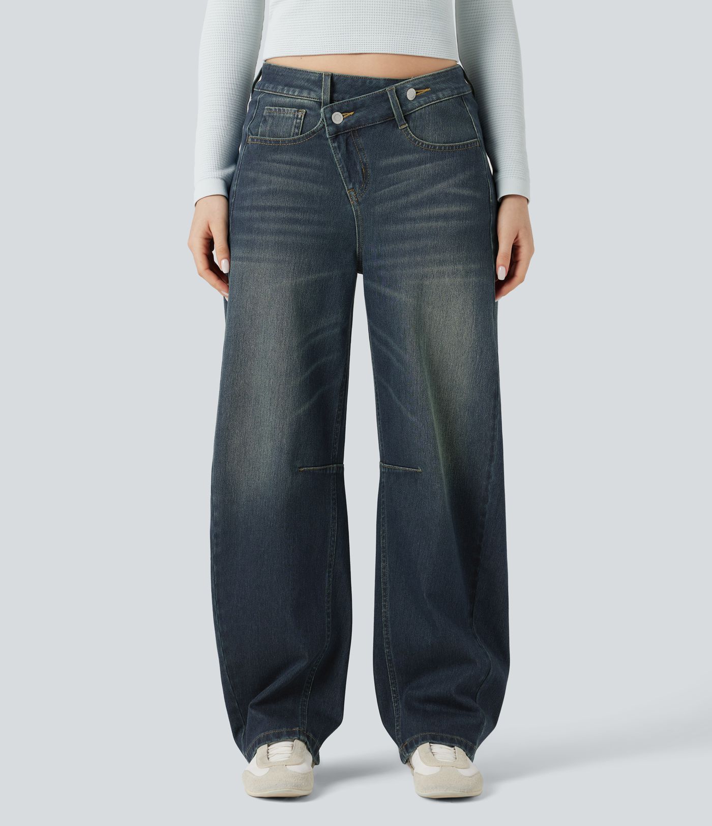 Halara Flex™ Asymmetric Mid Rise Barrel Leg Washed Casual Jeans with Pockets