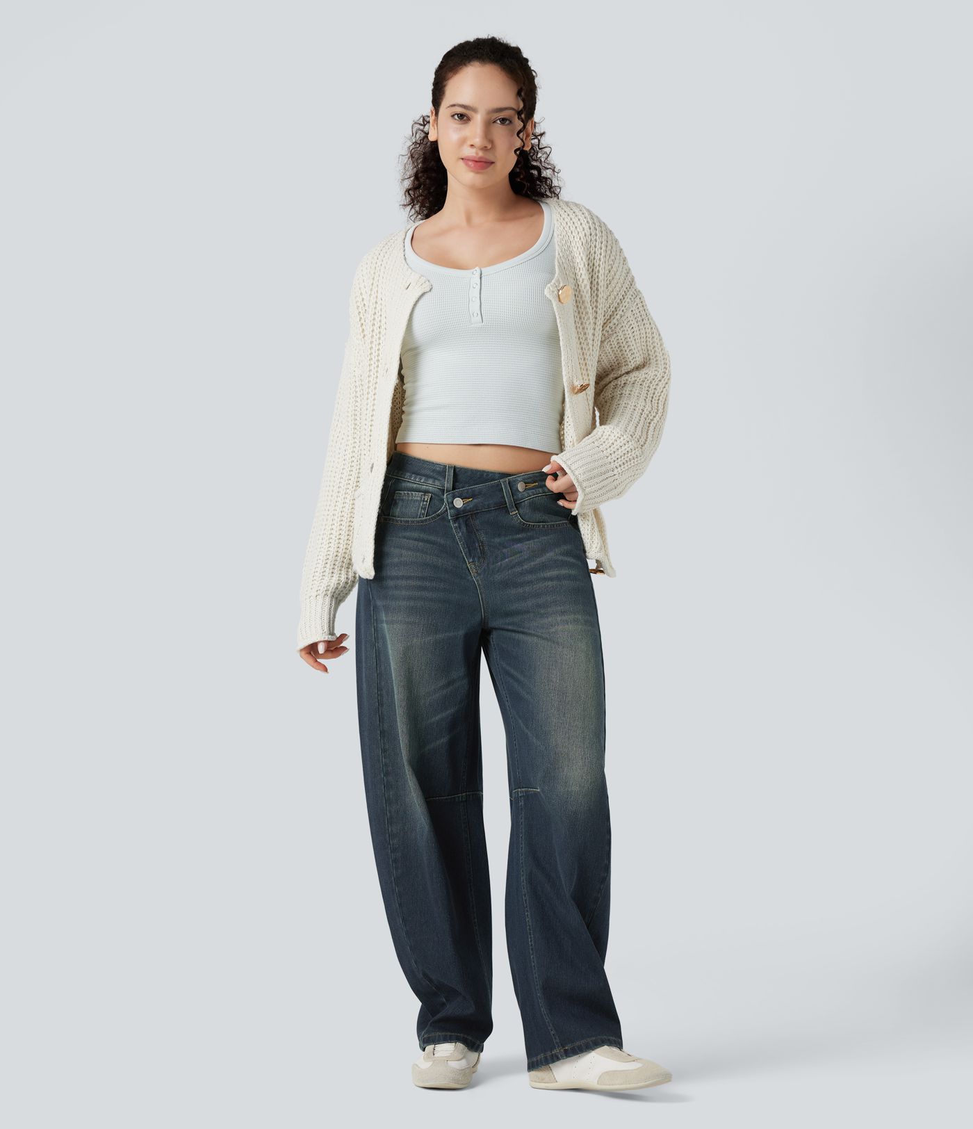 Halara Flex™ Asymmetric Mid Rise Barrel Leg Washed Casual Jeans with Pockets