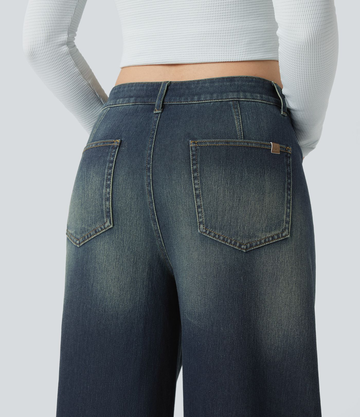 Halara Flex™ Asymmetric Mid Rise Barrel Leg Washed Casual Jeans with Pockets