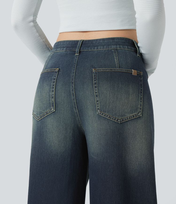 Halara Flex™ Asymmetric Mid Rise Barrel Leg Washed Casual Jeans with Pockets