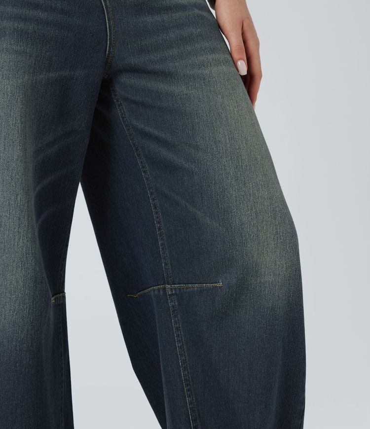 Halara Flex™ Asymmetric Mid Rise Barrel Leg Washed Casual Jeans with Pockets