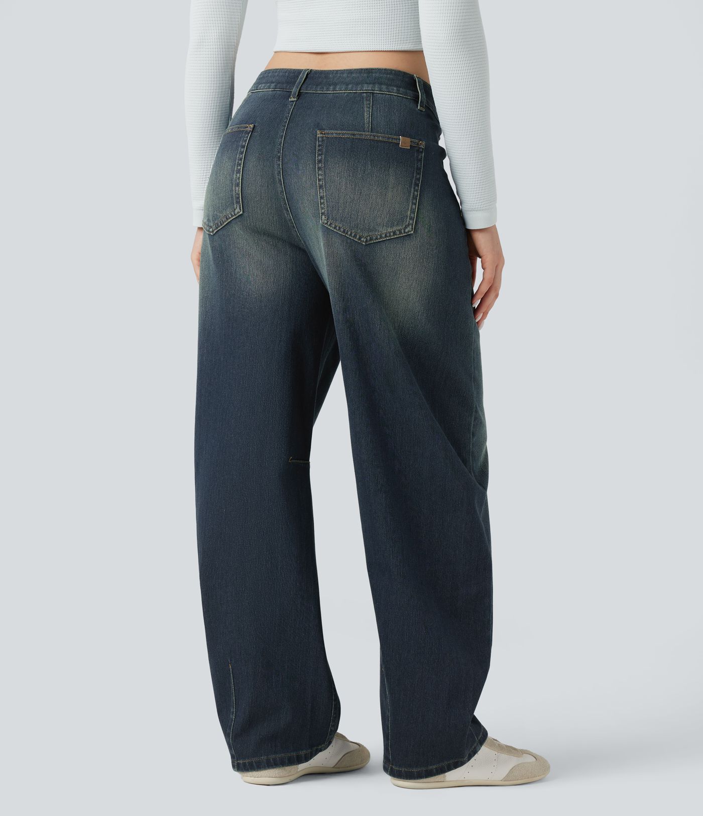 Halara Flex™ Asymmetric Mid Rise Barrel Leg Washed Casual Jeans with Pockets