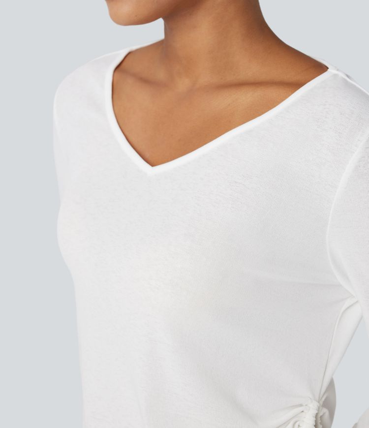 Lässiges Oberteil mit tiefem V-Ausschnitt, langen Ärmeln und Kordelzug am Saum