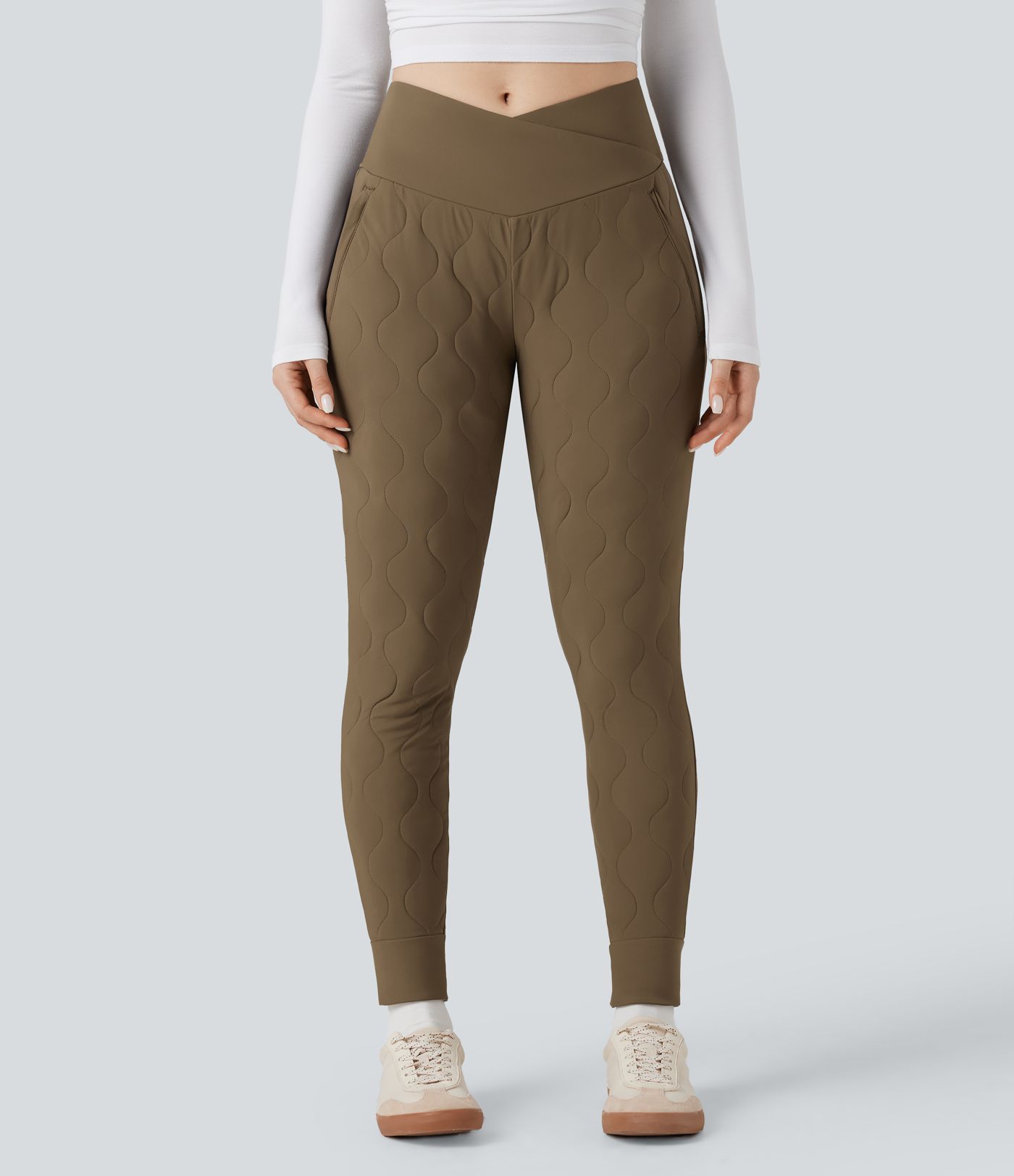 Pantalon de jogging matelassé décontractés, taille haute avec effet croisé, avec poches