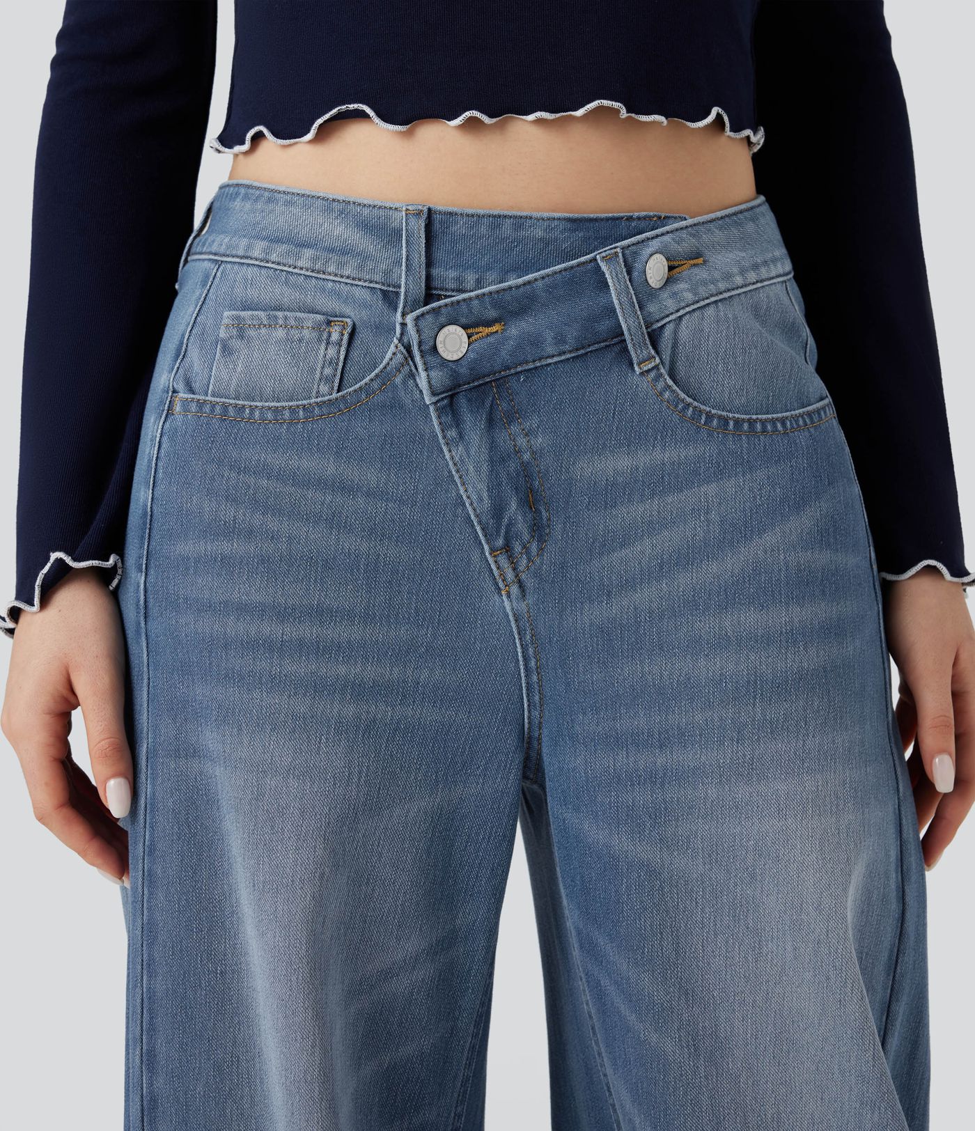Jean Barrel Halara Flex™ asymétrique délavé taille mi-haute avec poches