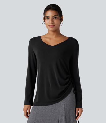 Lässiges Top mit tiefem V-Ausschnitt, langen Ärmeln und Kordelzug am Saum