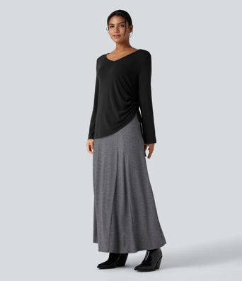 Lässiges Top mit tiefem V-Ausschnitt, langen Ärmeln und Kordelzug am Saum