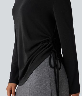 Lässiges Top mit tiefem V-Ausschnitt, langen Ärmeln und Kordelzug am Saum