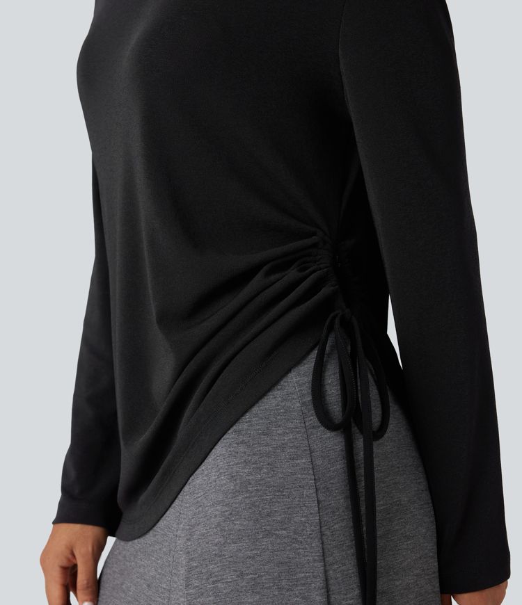 Lässiges Top mit tiefem V-Ausschnitt, langen Ärmeln und Kordelzug am Saum