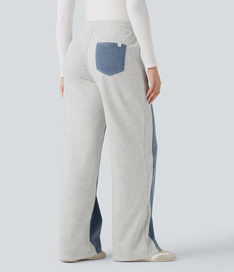 Halara Flex™ High-waisted Drawstring Color Block Casual Wide-leg Jogger Jeans with Pockets