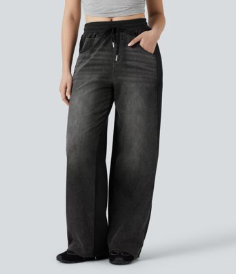 Halara Flex™ High-waisted Drawstring Color Block Casual Wide-leg Sweatpants Jeans with Pockets