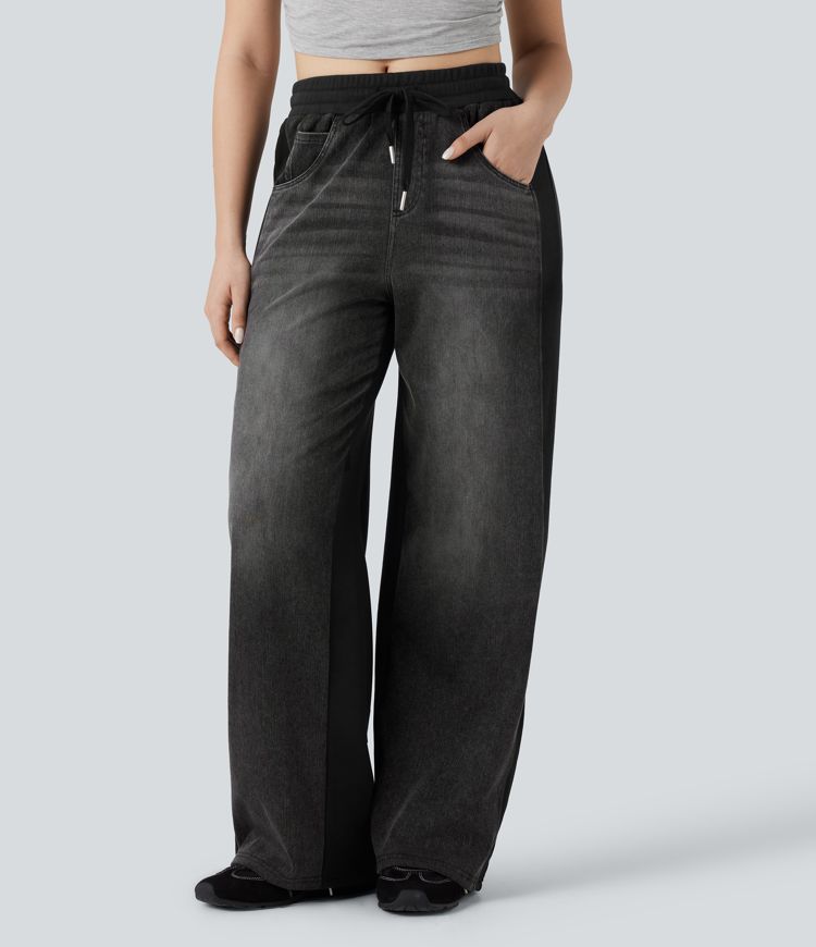 Halara Flex™ High-waisted Drawstring Color Block Casual Wide-leg Sweatpants Jeans with Pockets