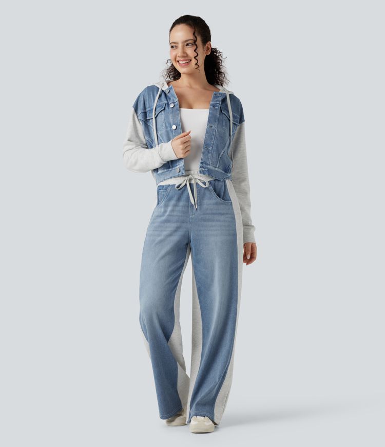 Halara Flex™ High-waisted Drawstring Color Block Casual Wide-leg Jogger Jeans with Pockets