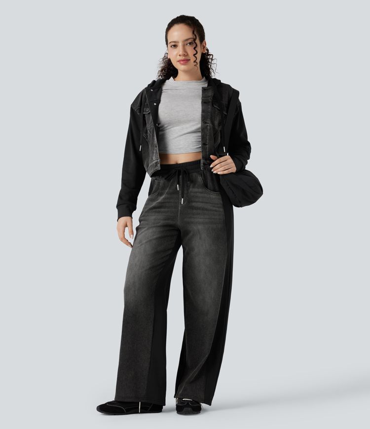 Halara Flex™ High-waisted Drawstring Color Block Casual Wide-leg Sweatpants Jeans with Pockets