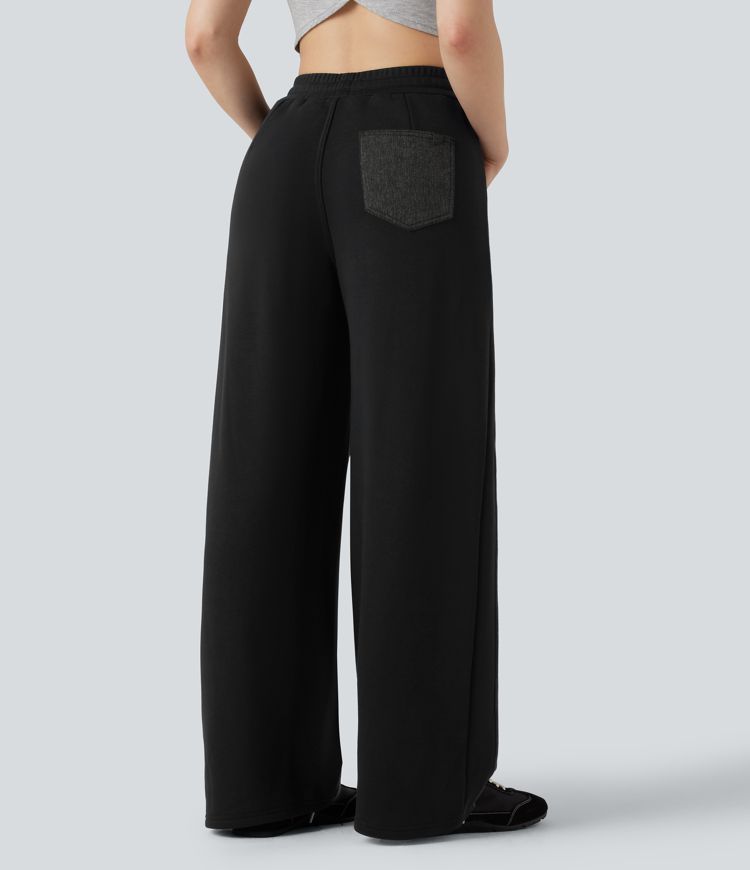 Halara Flex™ High-waisted Drawstring Color Block Casual Wide-leg Sweatpants Jeans with Pockets