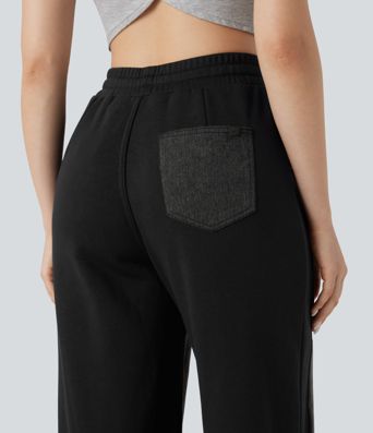 Halara Flex™ High-waisted Drawstring Color Block Casual Wide-leg Sweatpants Jeans with Pockets