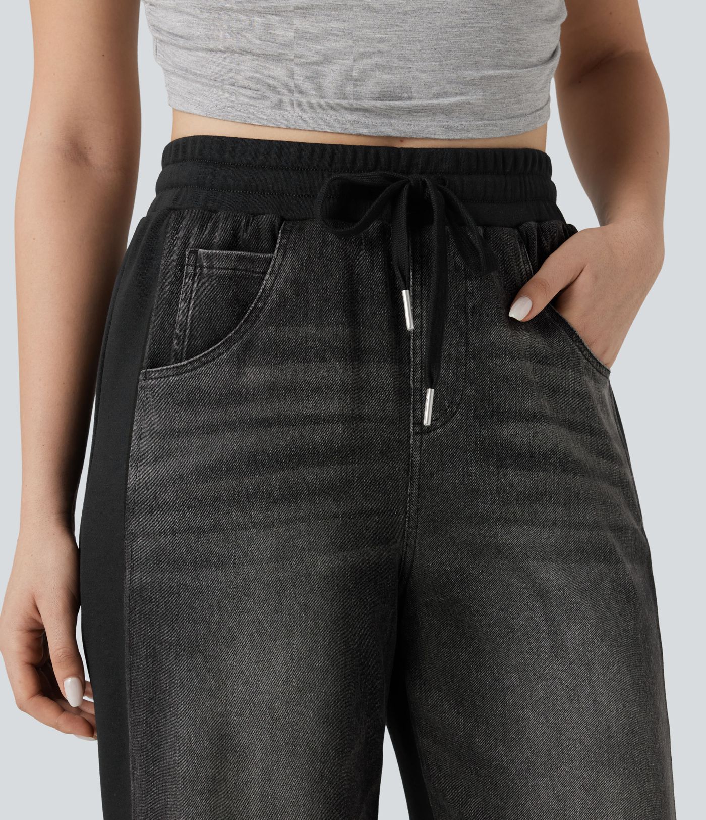 Halara Flex™ High-waisted Drawstring Color Block Casual Wide-leg Sweatpants Jeans with Pockets