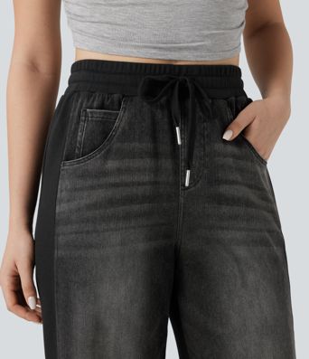 Halara Flex™ High-waisted Drawstring Color Block Casual Wide-leg Sweatpants Jeans with Pockets
