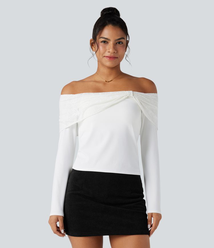 Haut dénudé en dentelle à manches longues avec soutien-gorge intégré, style décontracté