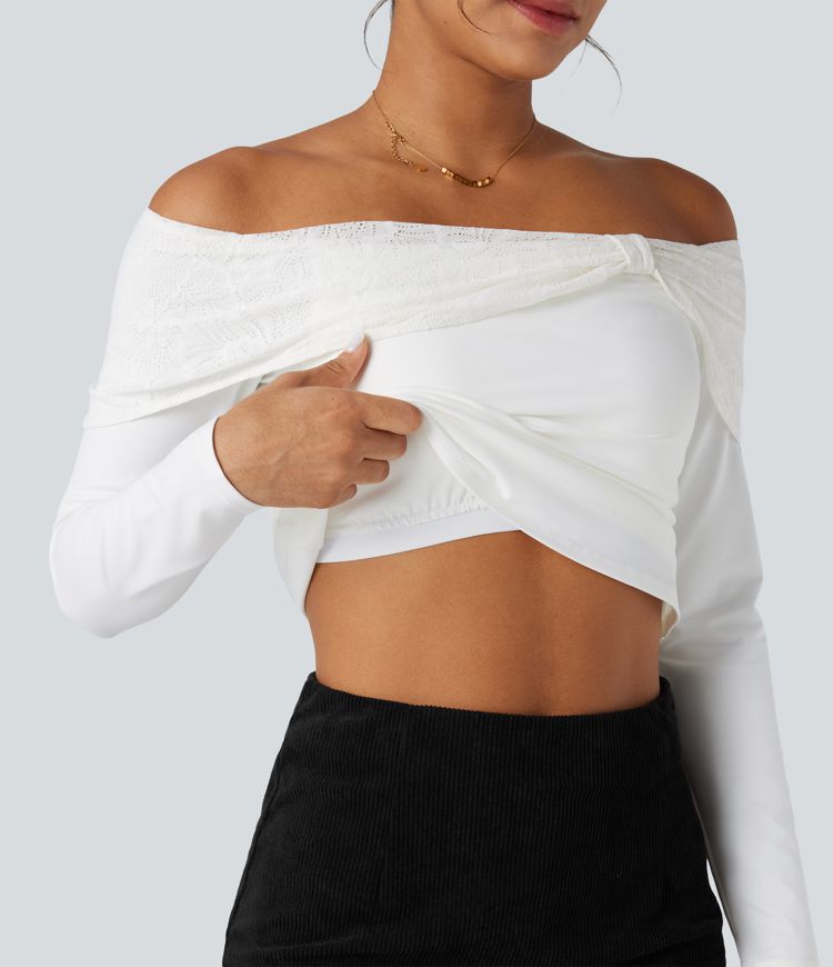 Haut dénudé en dentelle à manches longues avec soutien-gorge intégré, style décontracté