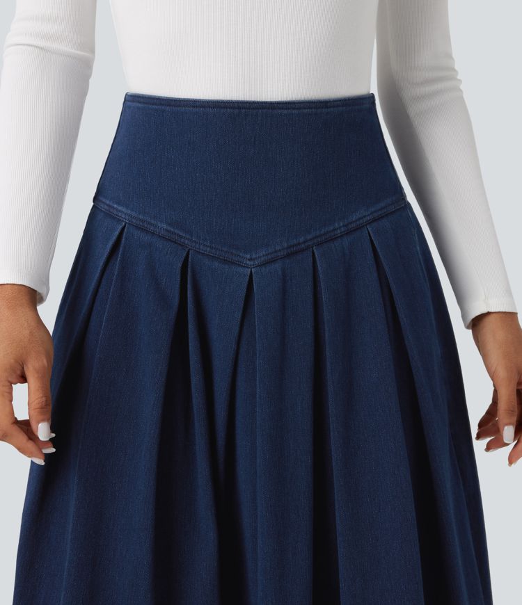 Jupe mi-longue décontractée plissée gainante taille haute effet denim avec poches Halara Flex™