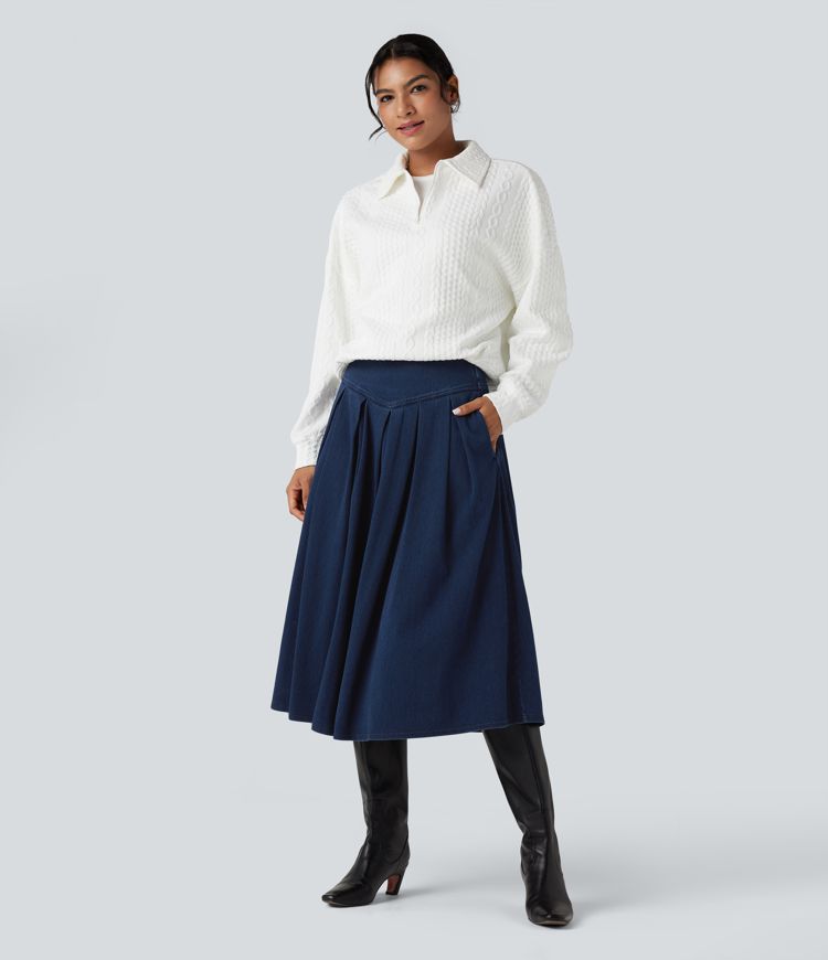 Jupe mi-longue décontractée plissée gainante taille haute effet denim avec poches Halara Flex™
