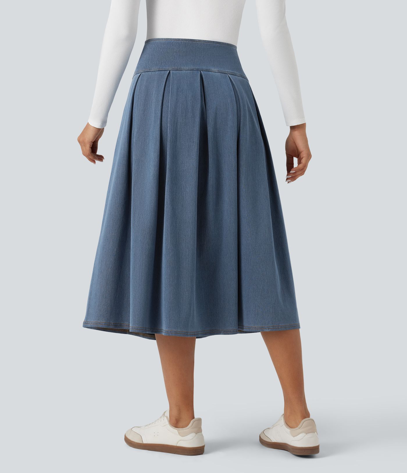 Halara Flex™ High Waisted Tummy Control Pleated Midi Casual Denim Skirt with Pockets