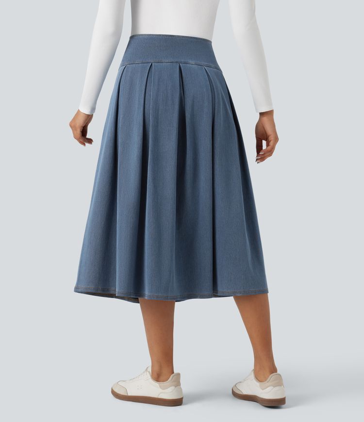 Halara Flex™ High Waisted Tummy Control Pleated Midi Casual Denim Skirt with Pockets