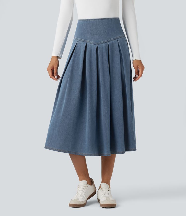 Falda midi vaquera plisada de talle alto Halara Flex™ SoCinched con control abdominal y bolsillos, estilo casual