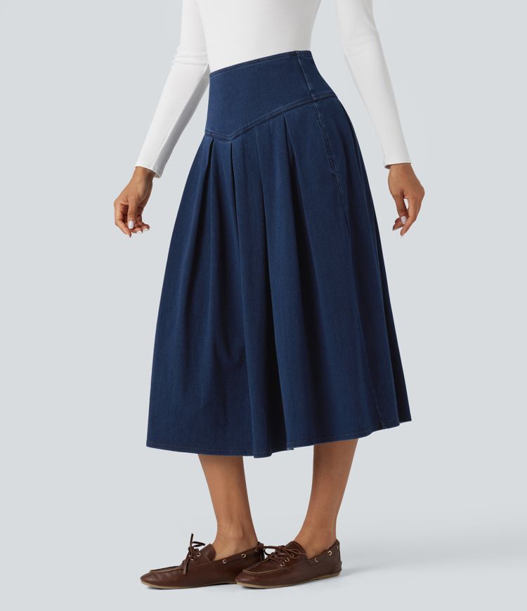 Jupe mi-longue décontractée plissée gainante taille haute effet denim avec poches Halara Flex™