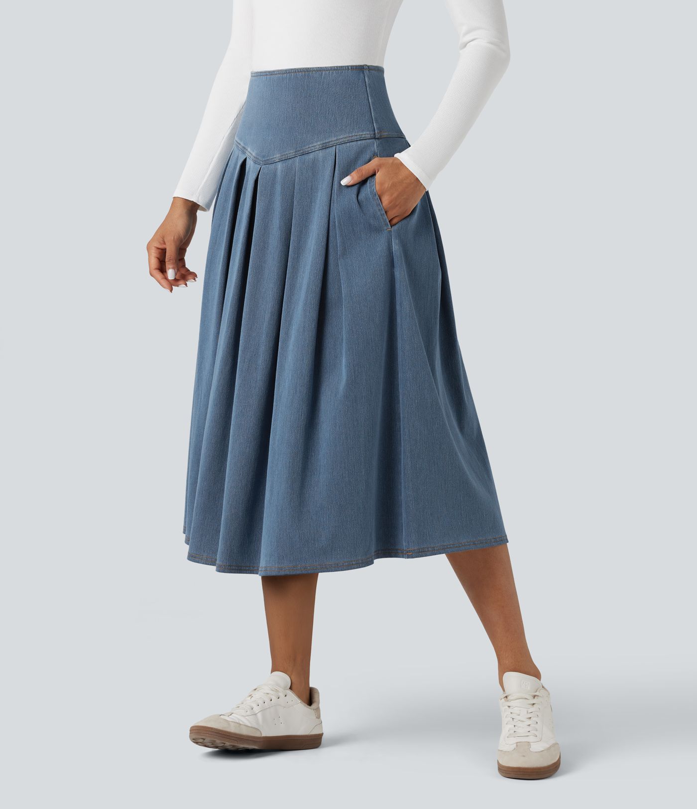 Halara Flex™ High Waisted Tummy Control Pleated Midi Casual Denim Skirt with Pockets