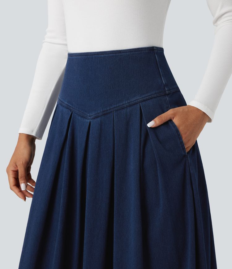 Jupe mi-longue décontractée plissée gainante taille haute effet denim avec poches Halara Flex™
