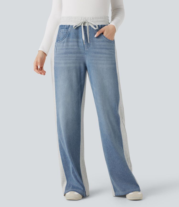 Halara Flex™ High-waisted Drawstring Color Block Casual Wide-leg Jogger Jeans with Pockets