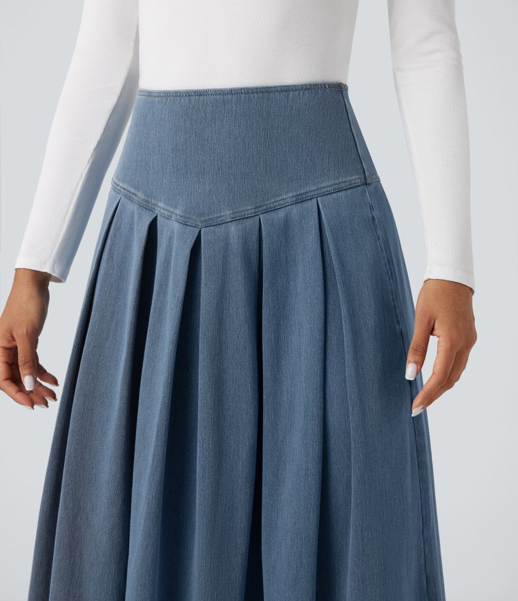 Halara Flex™ High Waisted Tummy Control Pleated Midi Casual Denim Skirt with Pockets