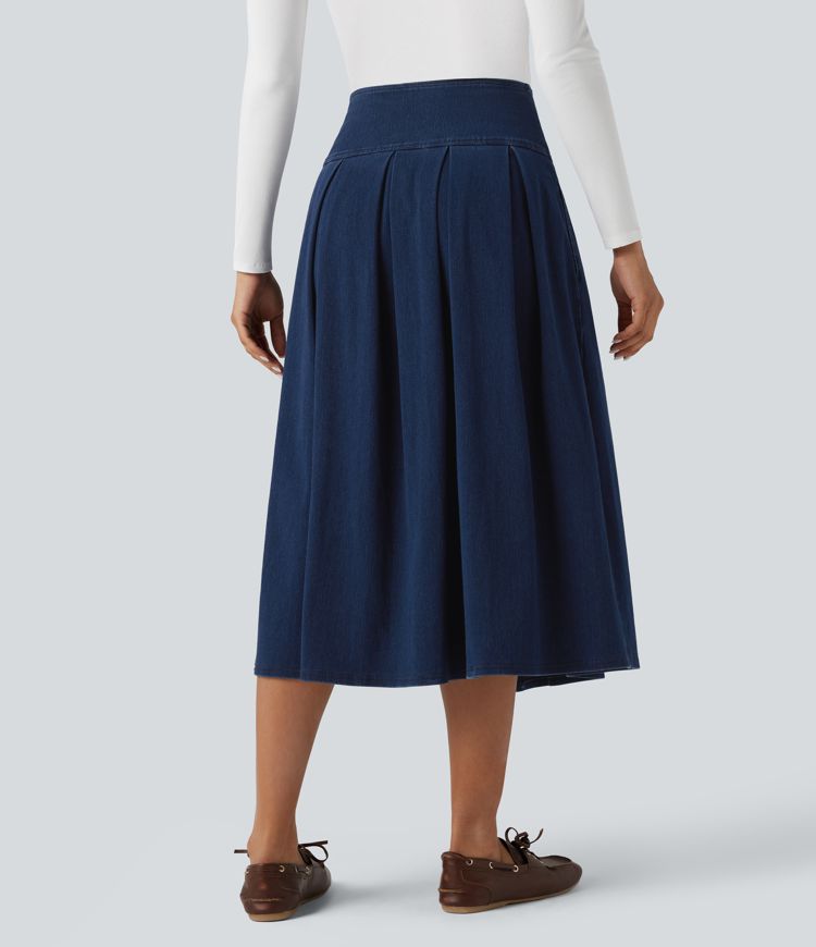 Jupe mi-longue décontractée plissée gainante taille haute effet denim avec poches Halara Flex™