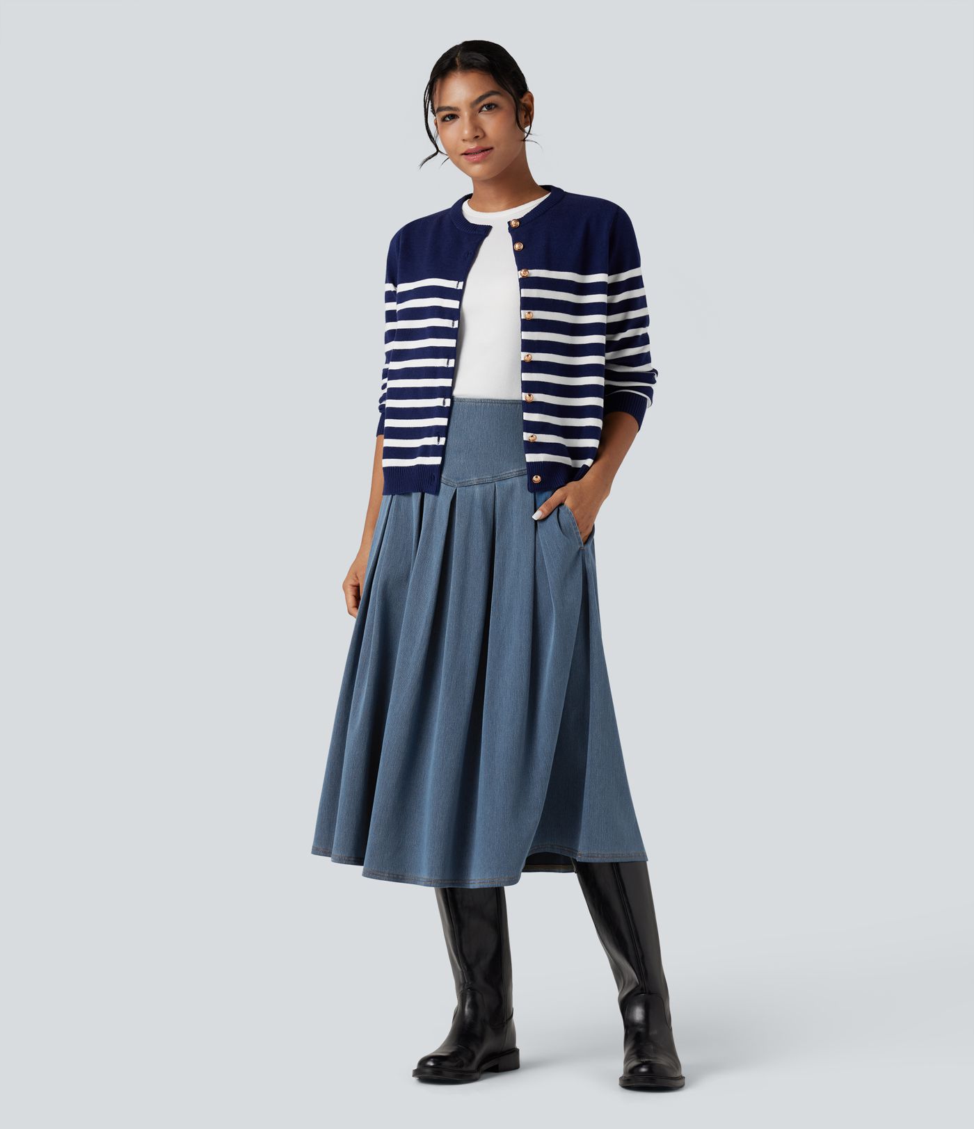 Halara Flex™ High Waisted Tummy Control Pleated Midi Casual Denim Skirt with Pockets