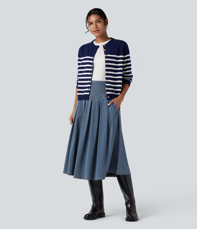 Halara Flex™ High Waisted Tummy Control Pleated Midi Casual Denim Skirt with Pockets