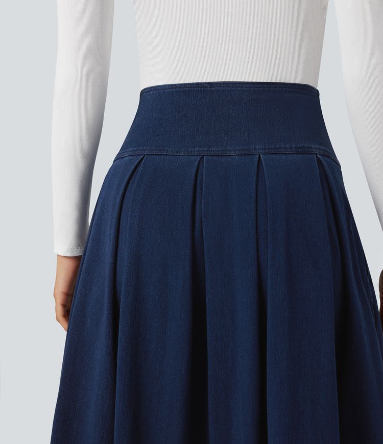 Jupe mi-longue décontractée plissée gainante taille haute effet denim avec poches Halara Flex™
