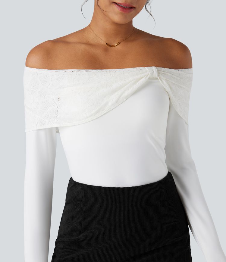 Haut dénudé en dentelle à manches longues avec soutien-gorge intégré, style décontracté