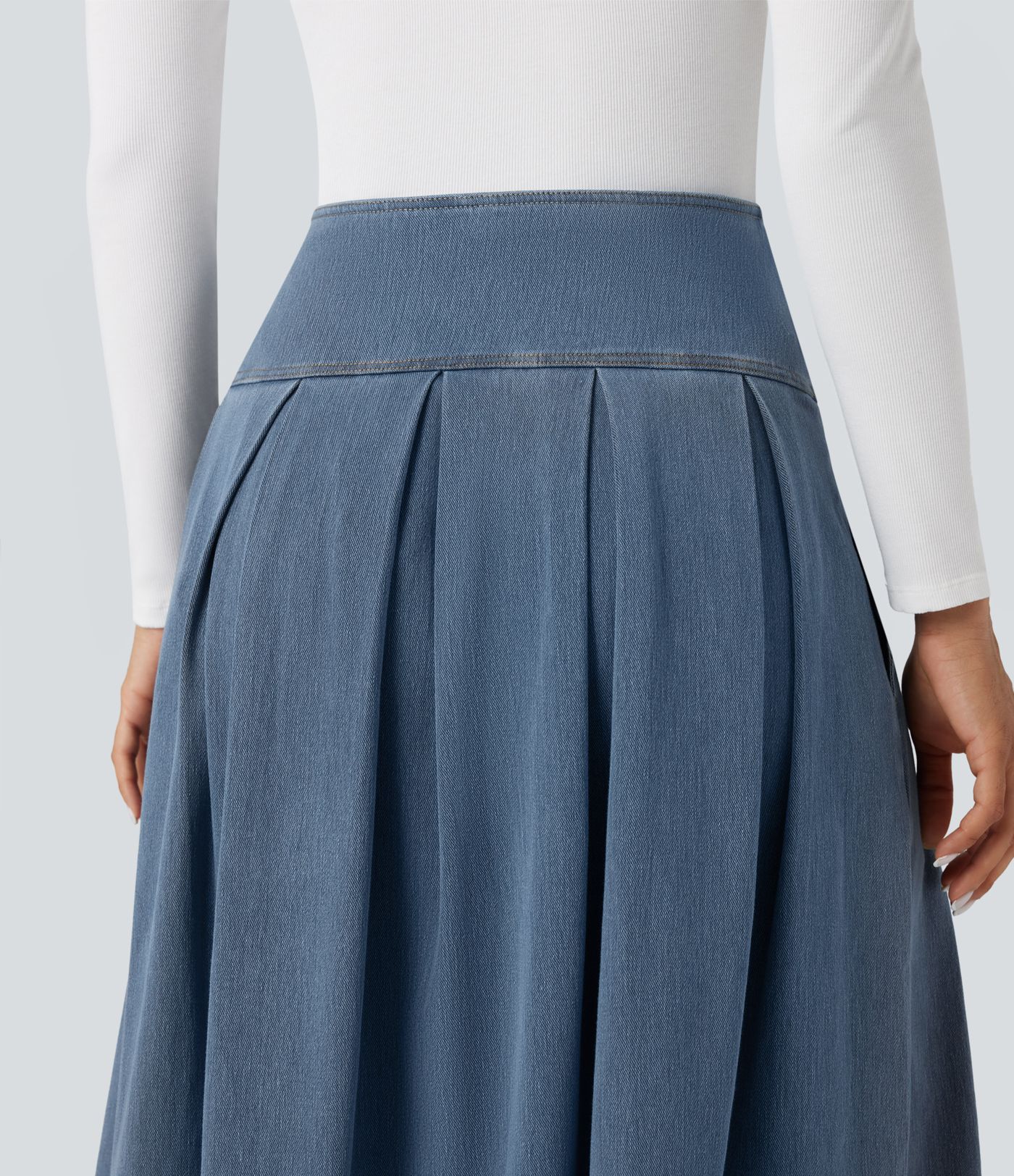 Halara Flex™ High Waisted Tummy Control Pleated Midi Casual Denim Skirt with Pockets